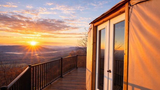 A wooden deck leading to a building with large windows, overlooking a valley. - Goldfinch Yurt - Scenic Mountain Retreat (Rising Fawn)