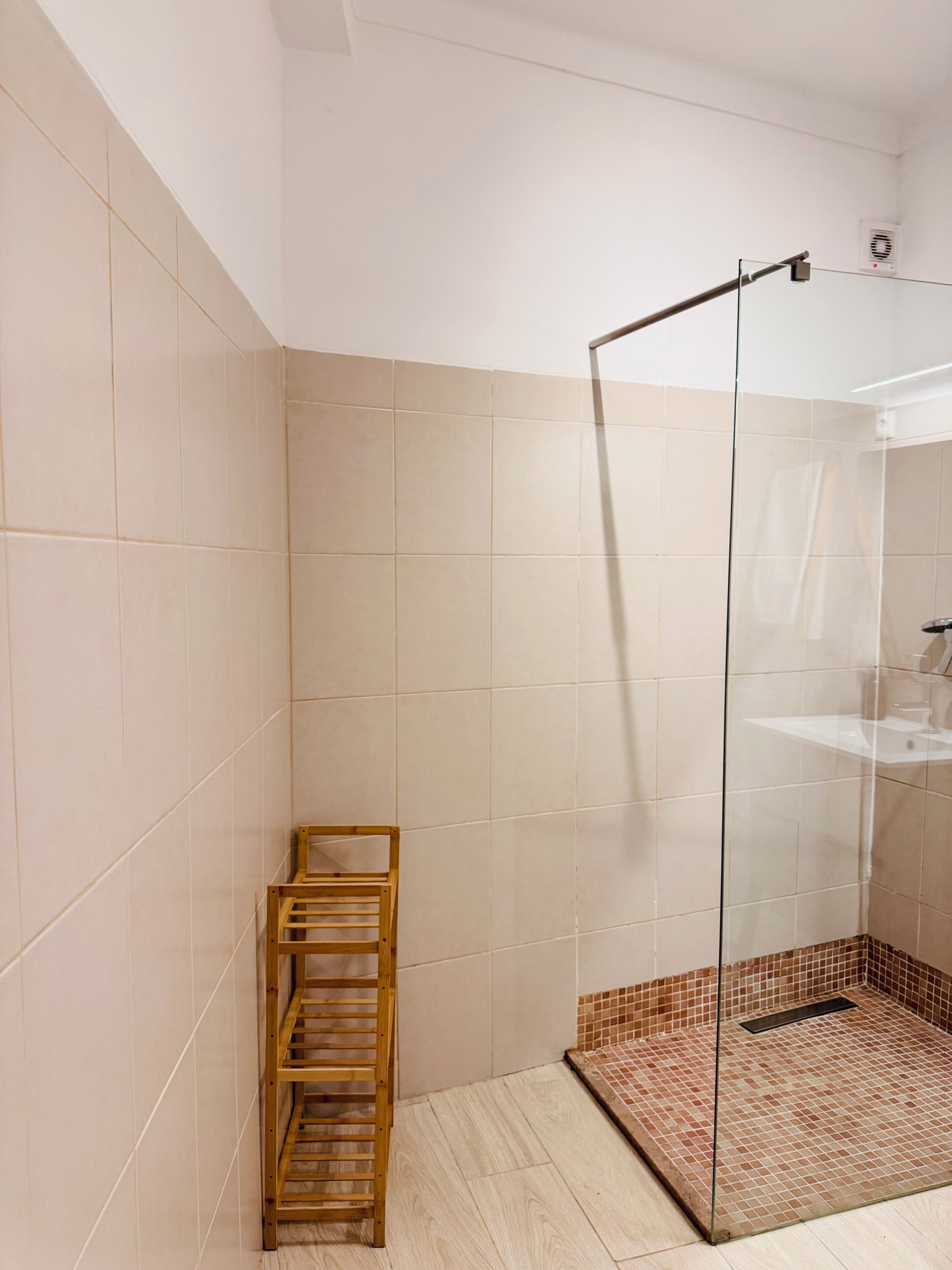Shower, hair dryer, towels, toilet paper