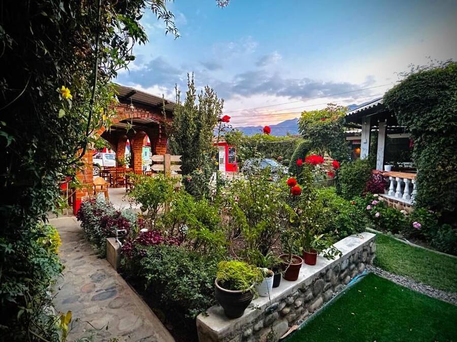 Um jardim com estrutura de tijolos, vasos de plantas e um caminho de pedra.