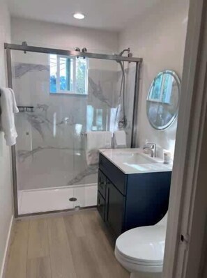 Douche, sèche-cheveux, shampoing