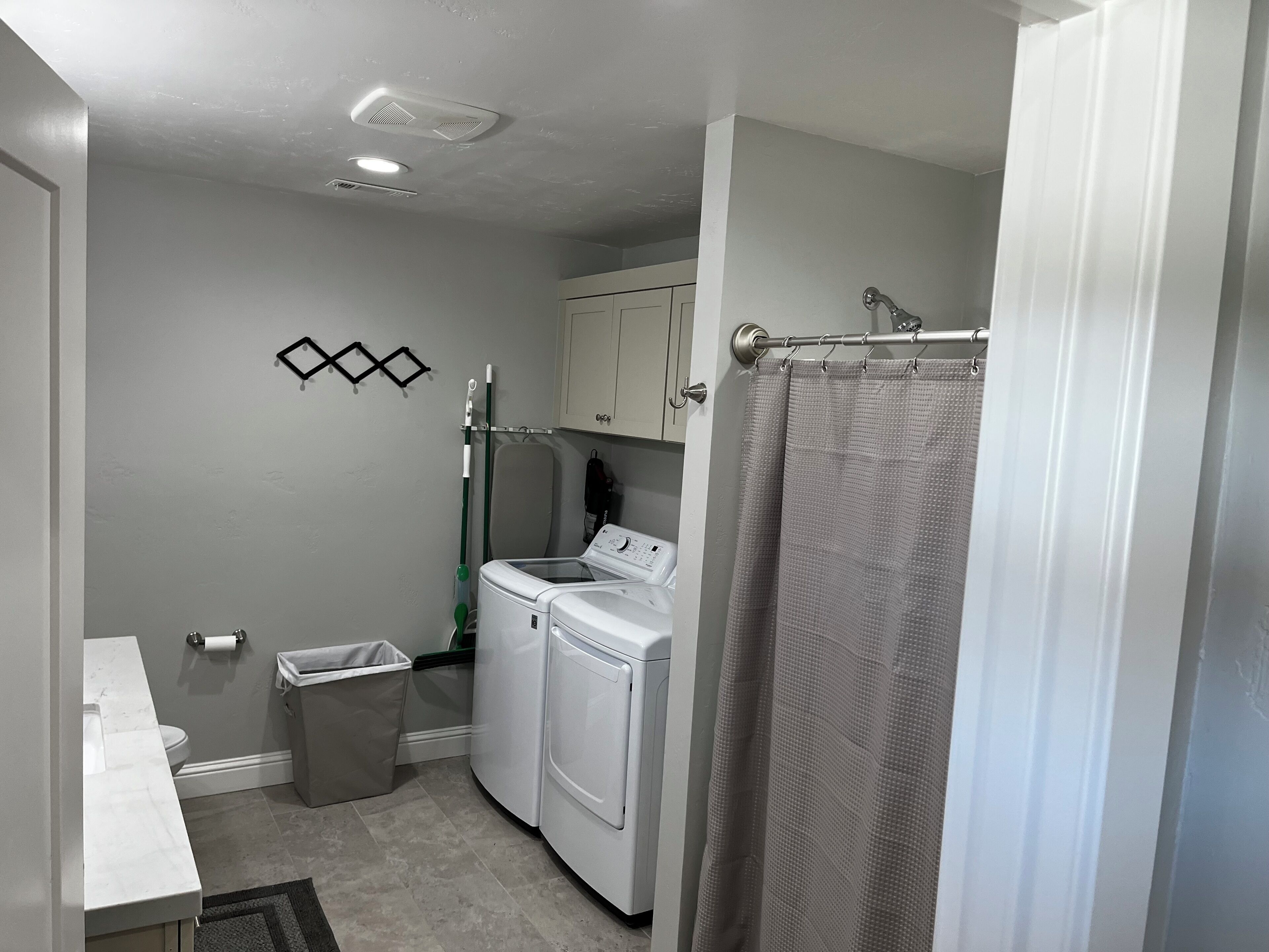 Hair dryer, towels, soap, toilet paper