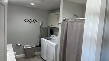 Hair dryer, towels, soap, toilet paper