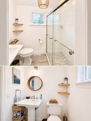 Shower, towels, soap, toilet paper - 3 MILES FROM US OPEN GOLF - 4-bedroom cottage on the Peconic Bay (Hampton Bays)