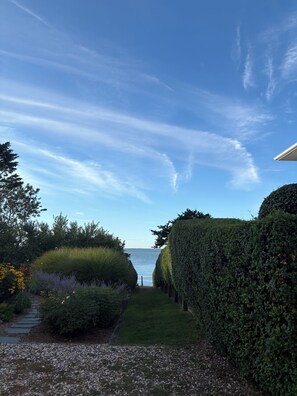 A garden pathway leading to a body of water, surrounded by neatly trimmed hedges and various shrubs. - Peconic Bay Cottage (Hampton Bays)
