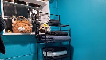 Hair dryer, towels, toilet paper