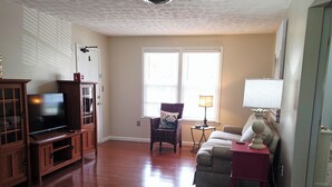 A living room with hardwood floors, a television, a chair, a sofa, and a lamp.