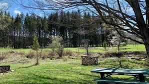 A picnic area with a table and benches, surrounded by trees and a grassy field. - Tempest Ranch Camp is perfect for nature lovers. Close to Watkins Glen. (Beaver Dams)
