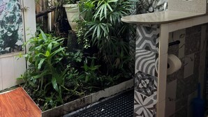 Un espacio exterior rústico con pared de piedra, estructuras de bambú y diversas plantas.