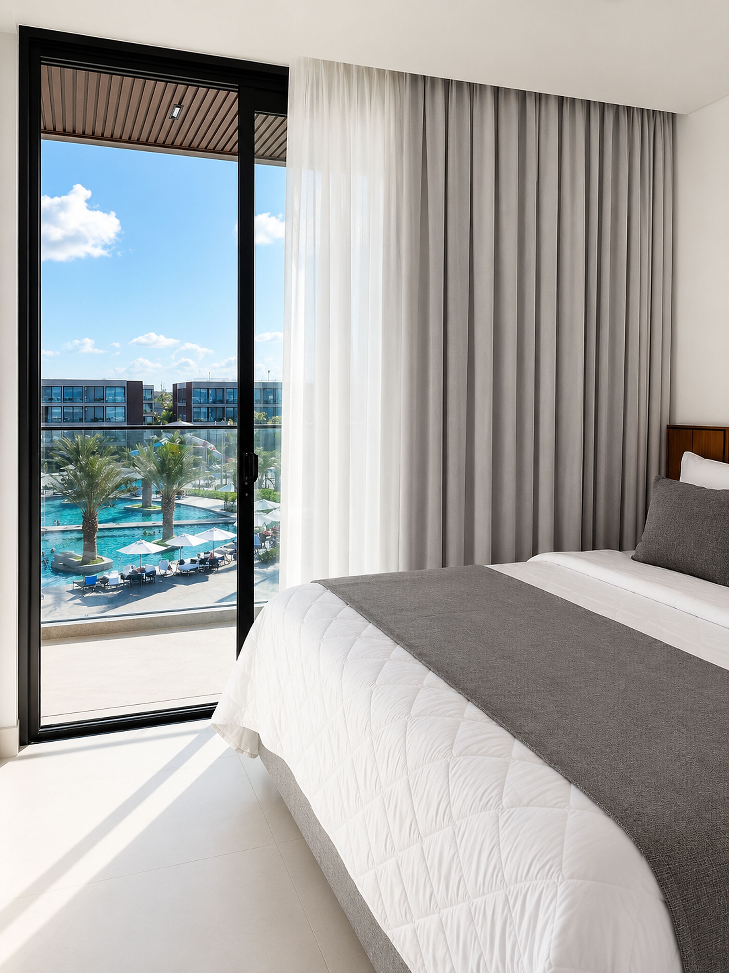 Ein Hotelzimmer mit einem großen Bett, Blick auf einen Swimmingpool und einem Balkon mit Glastür.