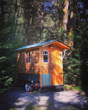A small wooden cabin with a metal roof, a window, and a door, surrounded by dense forest. - "Darla" the Glamping Trailer at Ashford Lodge (Ashford)