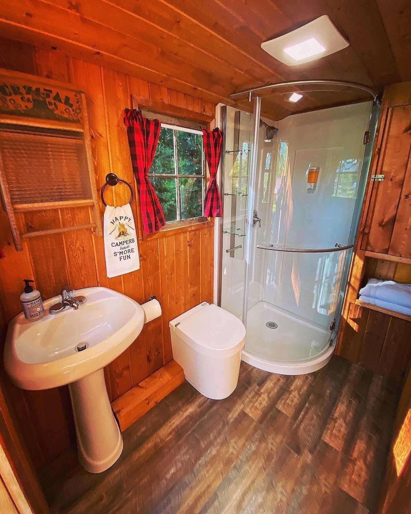 Shower, towels, soap, shampoo