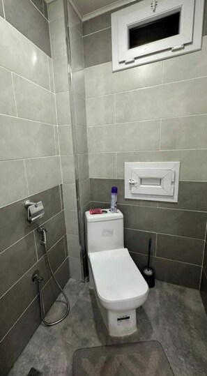 Hair dryer, towels, soap, toilet paper