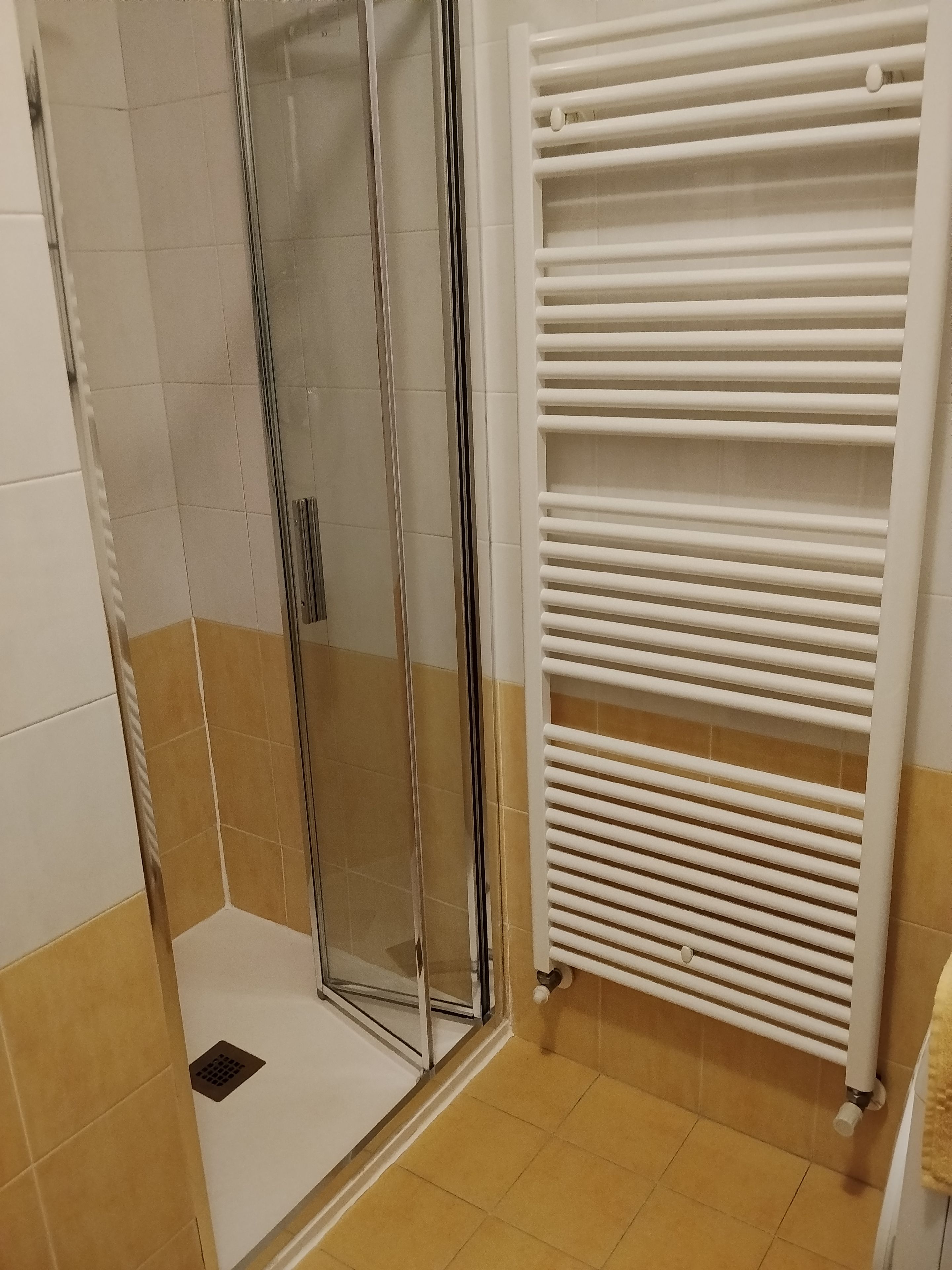 Een badkamer met een douchecabine van glas, een witte handdoekhouder en beige betegelde wanden.