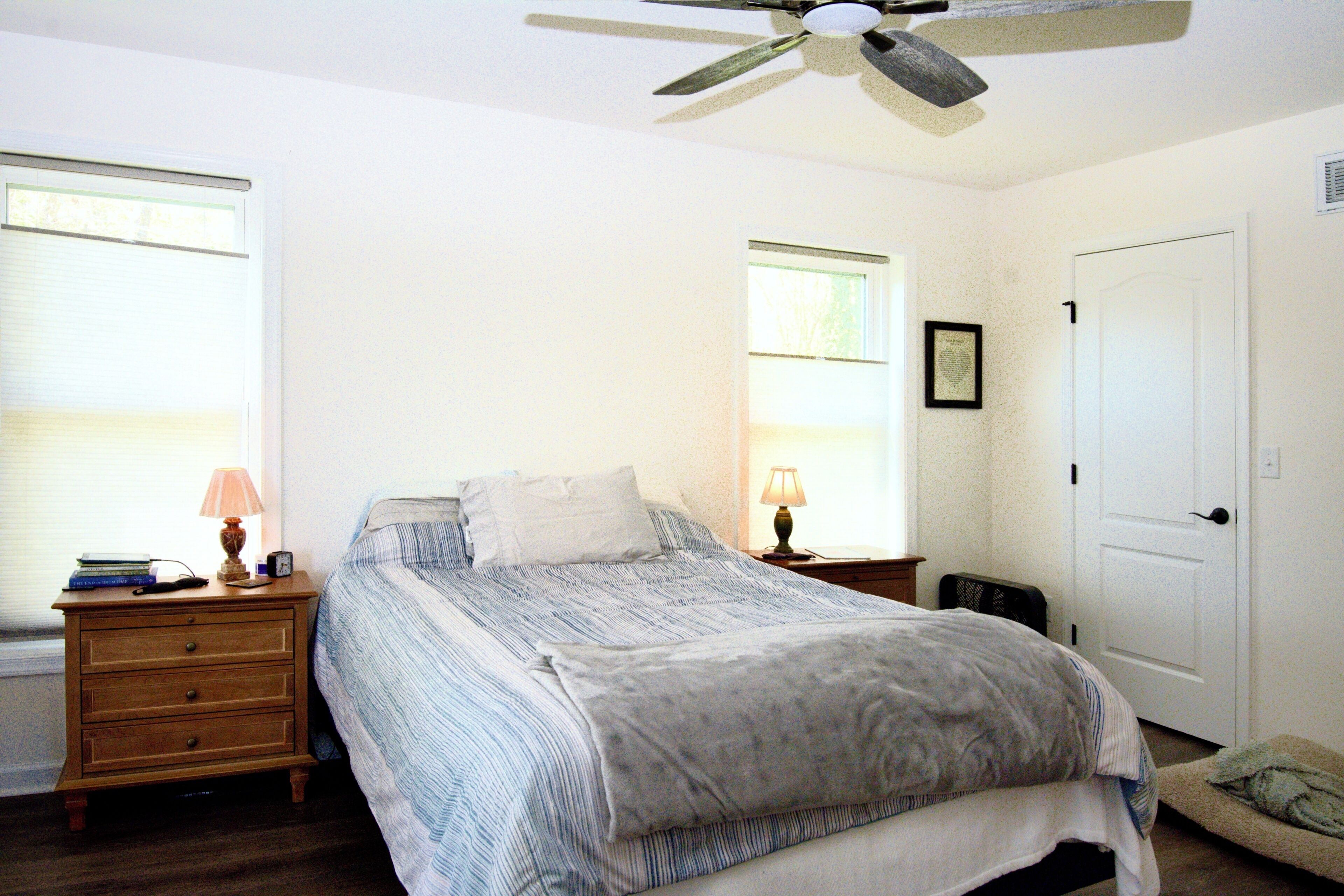 A bedroom with a bed, a nightstand, a lamp, a ceiling fan, and a door.