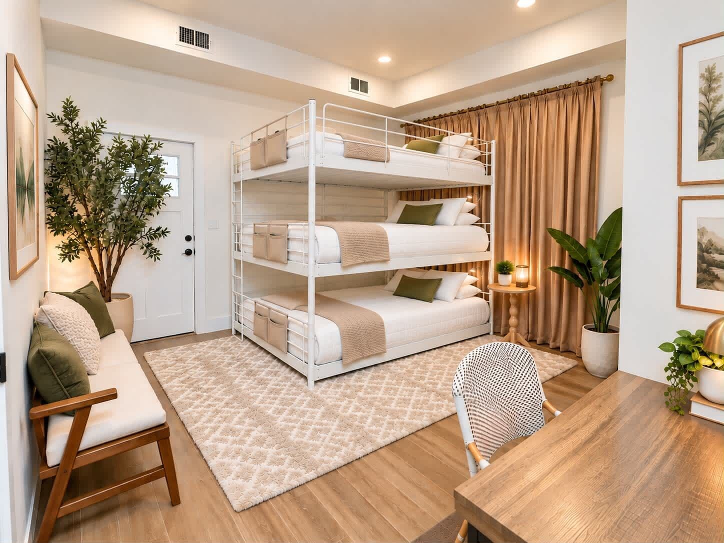 A bunk bed with three levels, a wooden chair, a small round table, and a potted plant.