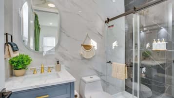 Shower, hair dryer, towels, shampoo
