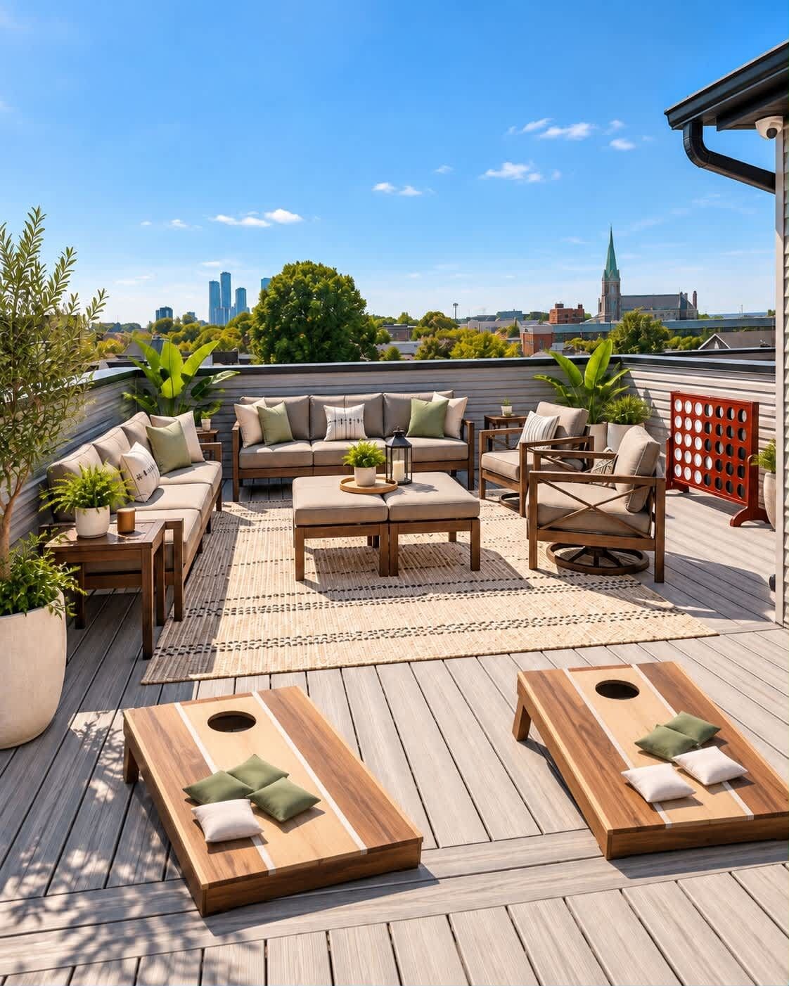 A rooftop deck with a sofa set, chairs, and sun loungers, surrounded by potted plants and a view of the city skyline.