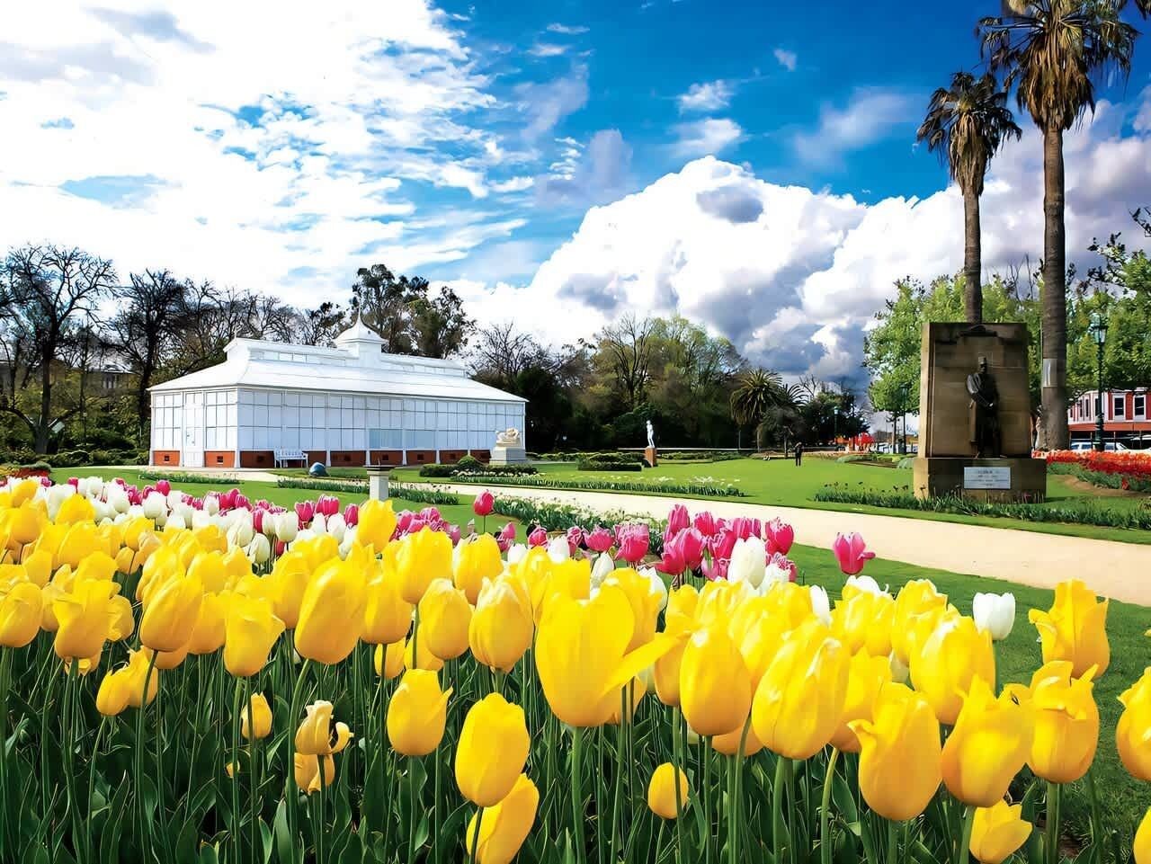 Un edifici amb façana de vidre, envoltat d'un jardí ple de tulipes grogues i roses.