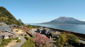 A coastal area with traditional buildings, a bridge, and a mountain in the background.