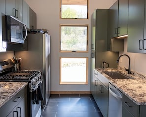 A compact kitchen with a gas stove, stainless steel appliances, and a window overlooking a natural landscape.