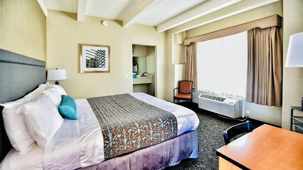 Une chambre d’hôtel comprenant un lit, un bureau, une chaise, une fenêtre avec des rideaux, un climatiseur fixé au mur et un tableau encadré accroché au mur.