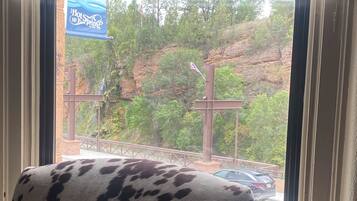 A window with a view of a rocky landscape and a flag.