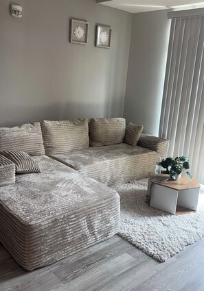A modern living room with a sectional sofa, a small side table with a plant, and a fluffy rug.