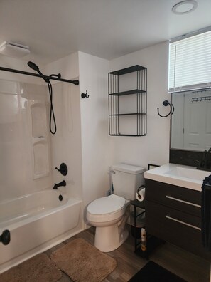 Hair dryer, towels, soap, toilet paper