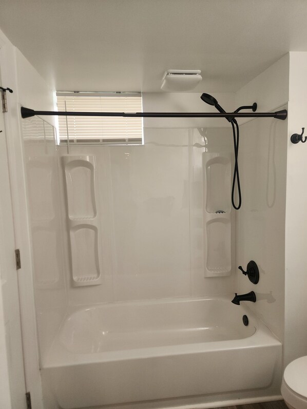 Hair dryer, towels, soap, toilet paper
