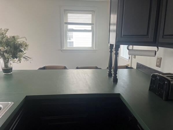 Una cocina con mostrador verde, una ventana con persianas y una planta en maceta.