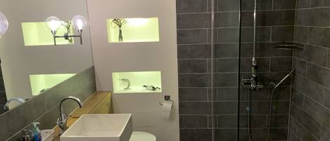 Shower, hair dryer, towels