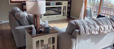 Smart TV, fireplace, DVD player, video library