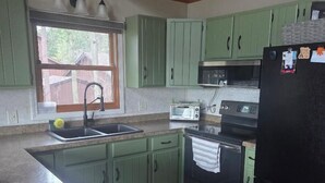 Eine Küche mit grünen Schränken, einem schwarzen Kühlschrank, einer Mikrowelle, einem Toaster und einem Spülbecken.