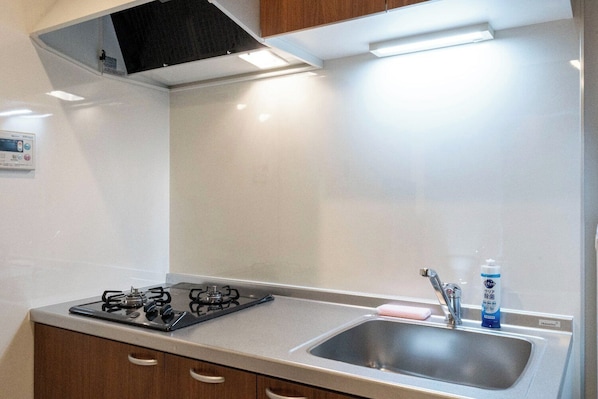 Une petite cuisine équipée d’une cuisinière à gaz, d’un évier et d’un placard.