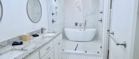 Hair dryer, towels, soap, toilet paper