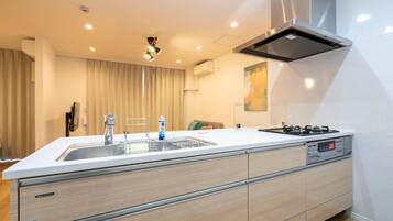 Apartemen, beranda, pemandangan kota | Dapur pribadi | Lemari es, microwave, kompor, dan peralatan masak/sendok-piring