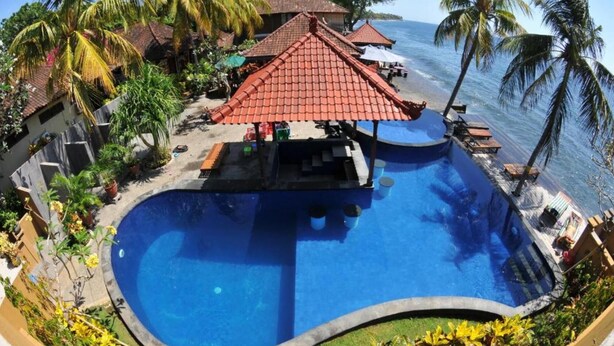 A swimming pool with a red-roofed structure, palm trees, and a view of the ocean. - Paradise Palm Beach Bungalows and Dive Center (Tulamben)