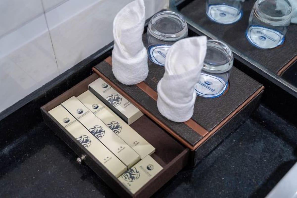 A drawer with neatly arranged toiletries including a bottle, a tube, and a bar of soap.