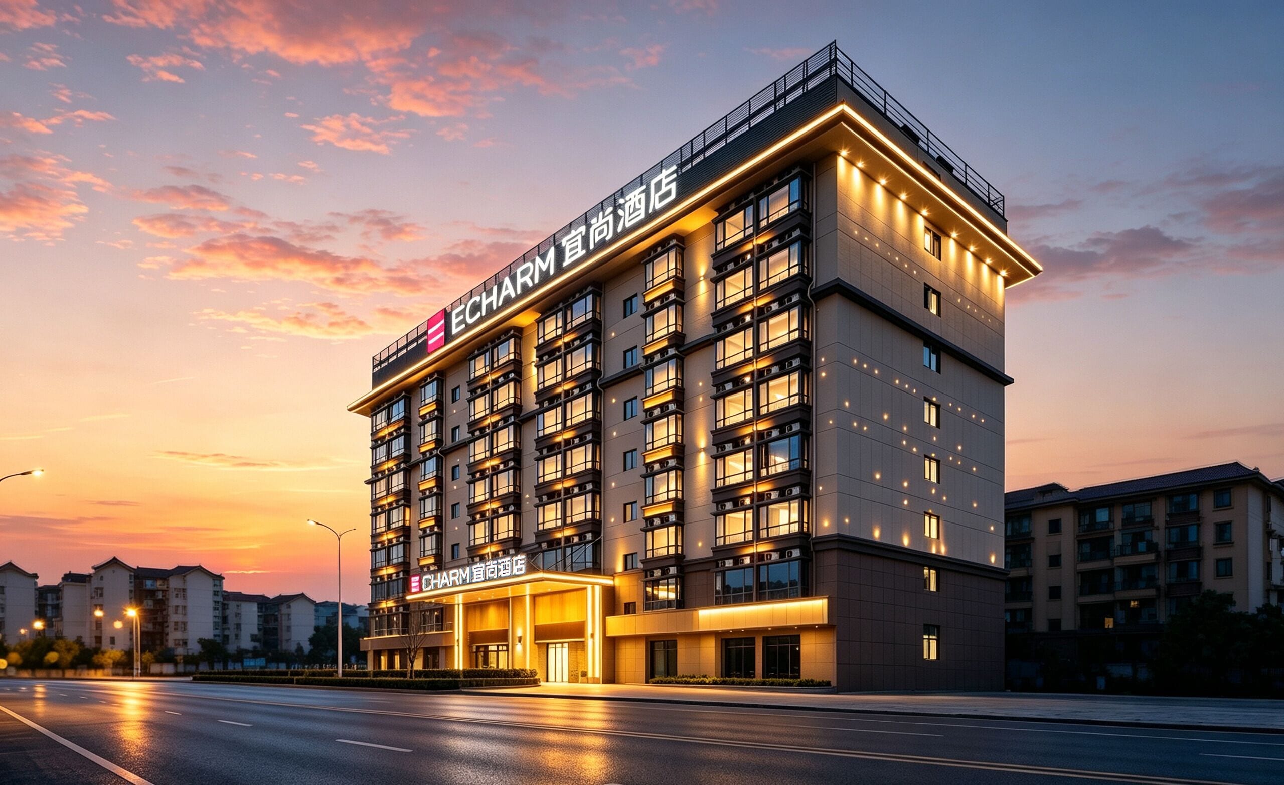 Un edificio de hotel de varios pisos con un letrero llamativo en la entrada.