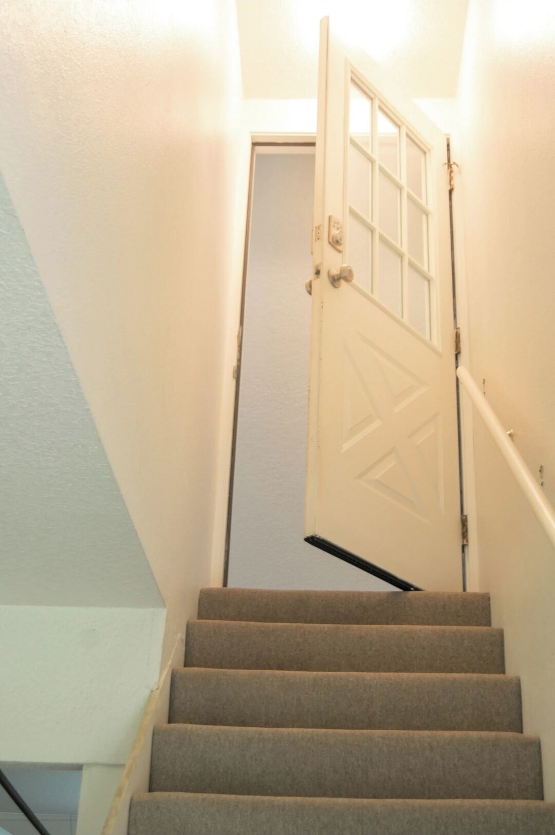 Un escalier dont les marches sont recouvertes de moquette, menant à une porte blanche dotée d’un panneau de verre.