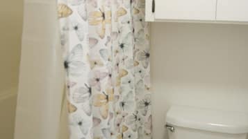 Hair dryer, towels, soap, toilet paper