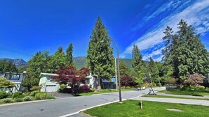 A residential street with houses, trees, and a mountain in the background.