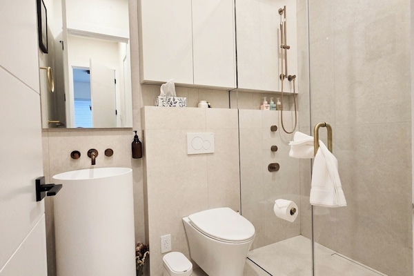 Shower, hair dryer, towels, soap