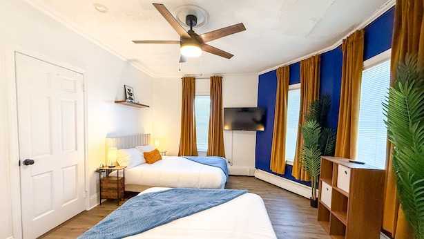 Une chambre d’hôtel avec deux lits, un ventilateur de plafond, une télévision et une plante.