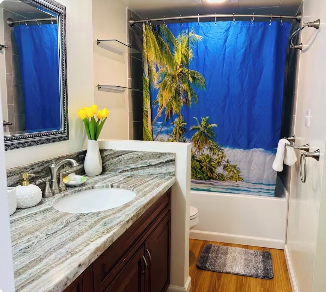 Hair dryer, towels, soap, shampoo