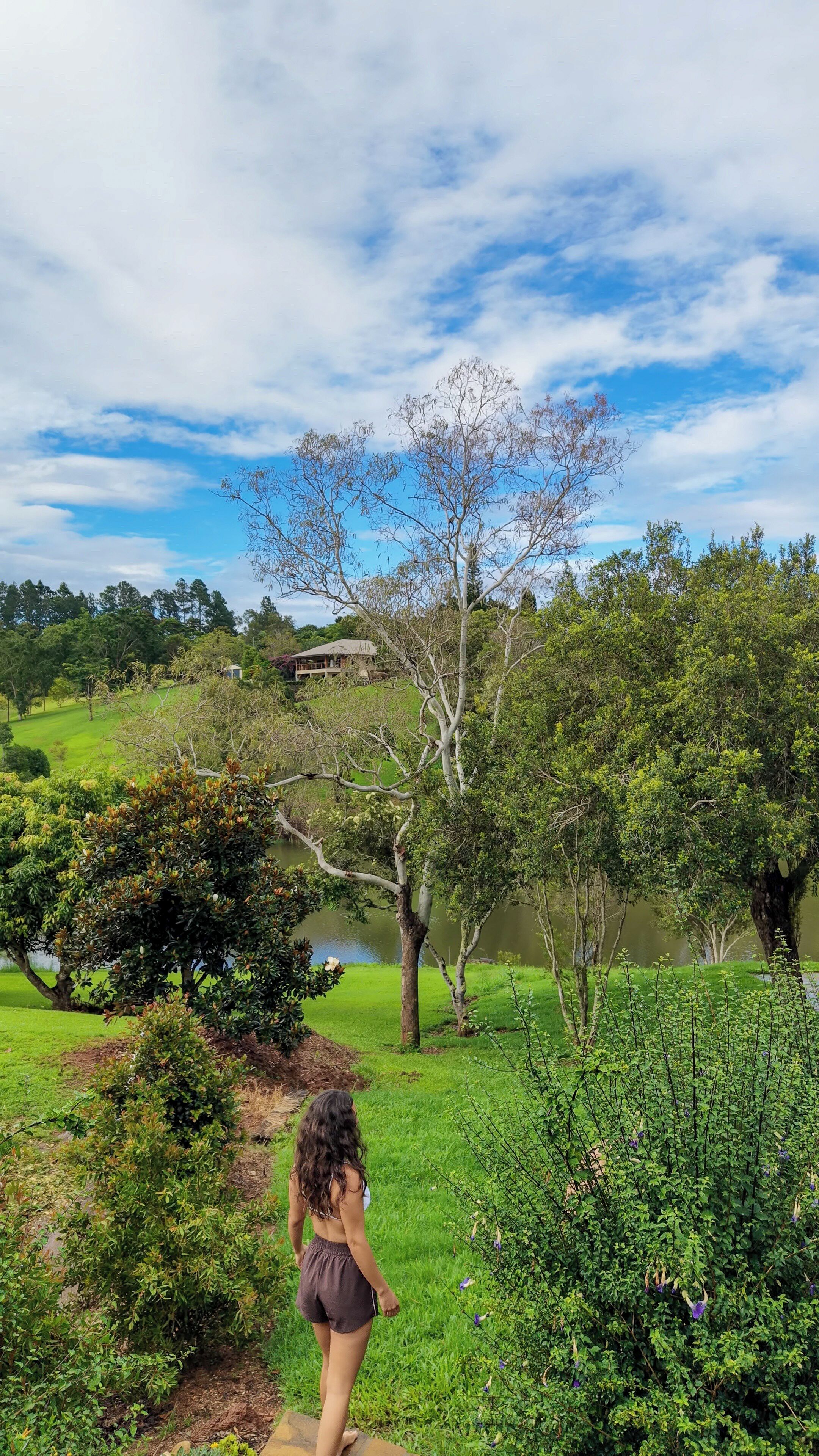 A person walking on a path in a lush green park with trees and a pond.
