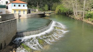 A river with a small waterfall, a bridge, and buildings including a cafe. - Quiet, stylishly renovated. Fantastic view of fruit trees and cork oaks. (Tomar)
