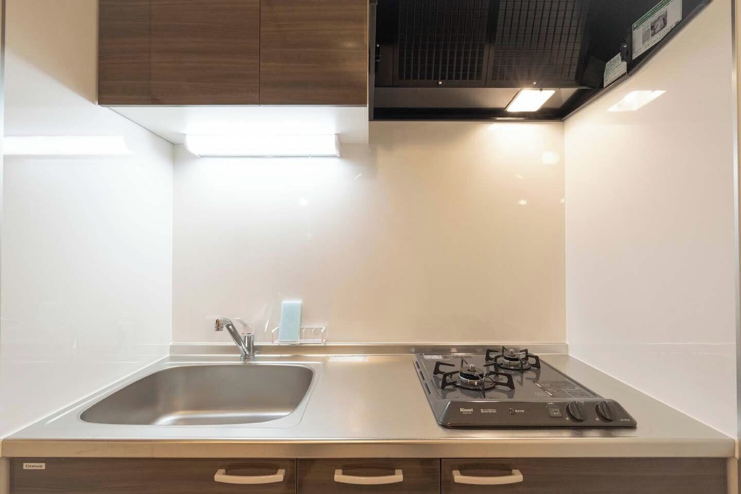 Una cocina moderna con un lavamanos de acero inoxidable, una estufa a gas y armarios de madera.