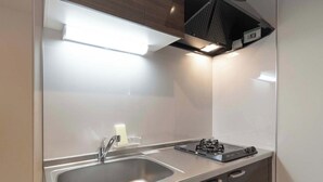 Cozinha moderna com pia de aço inoxidável, fogão a gás e armários de madeira.