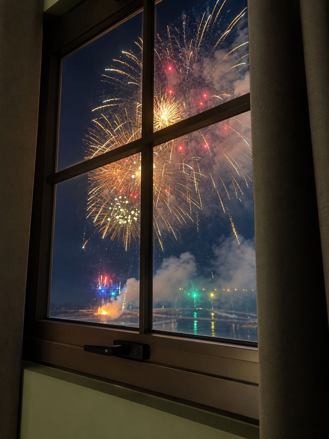 A window with a view of fireworks display over a body of water.